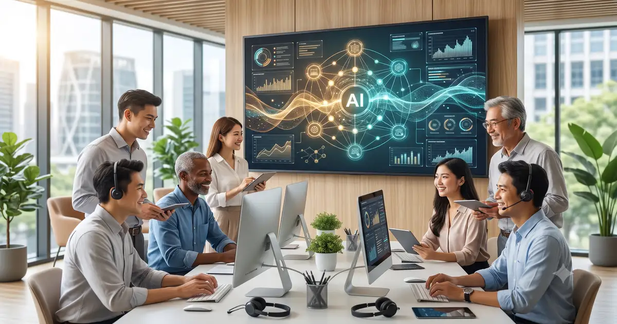 一個由 AI 機器人與人類客服人員共同組成的協作團隊,他們在一個現代化的辦公空間中,流暢地處理客戶問題,背景是數據圖表和滿意的客戶頭像,象徵著 AI 帶來的七大效益。