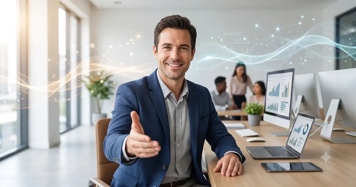 一位專業的 HOST888 產業解決方案顧問,微笑著伸出手,邀請企業客戶點擊諮詢,背景是現代化的辦公室與代表數據流動的抽象圖形,強調合作與未來。