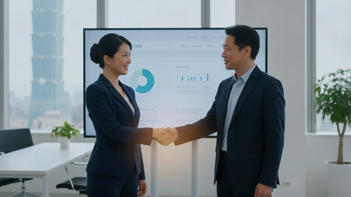 一名協會代表與 HOST888 顧問握手,背景為現代化的辦公室與數位介面,象徵合作與成功轉型。