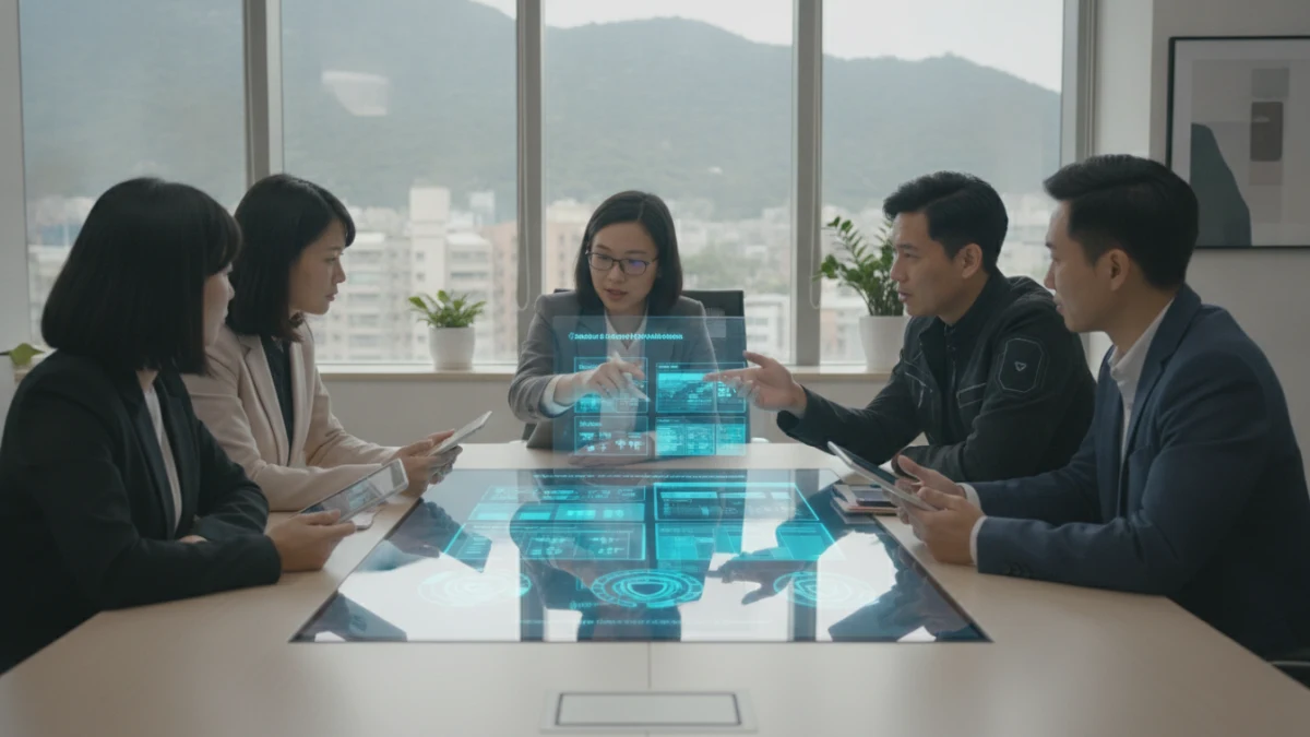 HOST888 團隊成員正在討論長照機構網站的模組化功能與資安架構,背景是現代辦公室。