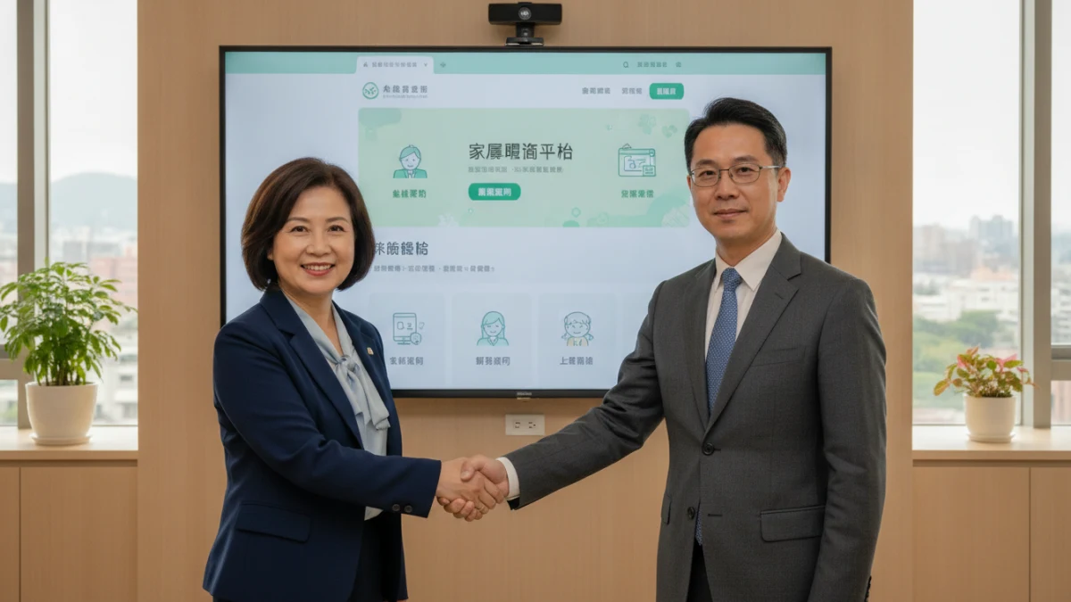 一位長照機構負責人與 HOST888 顧問握手,背景是充滿活力的長照機構網站介面。