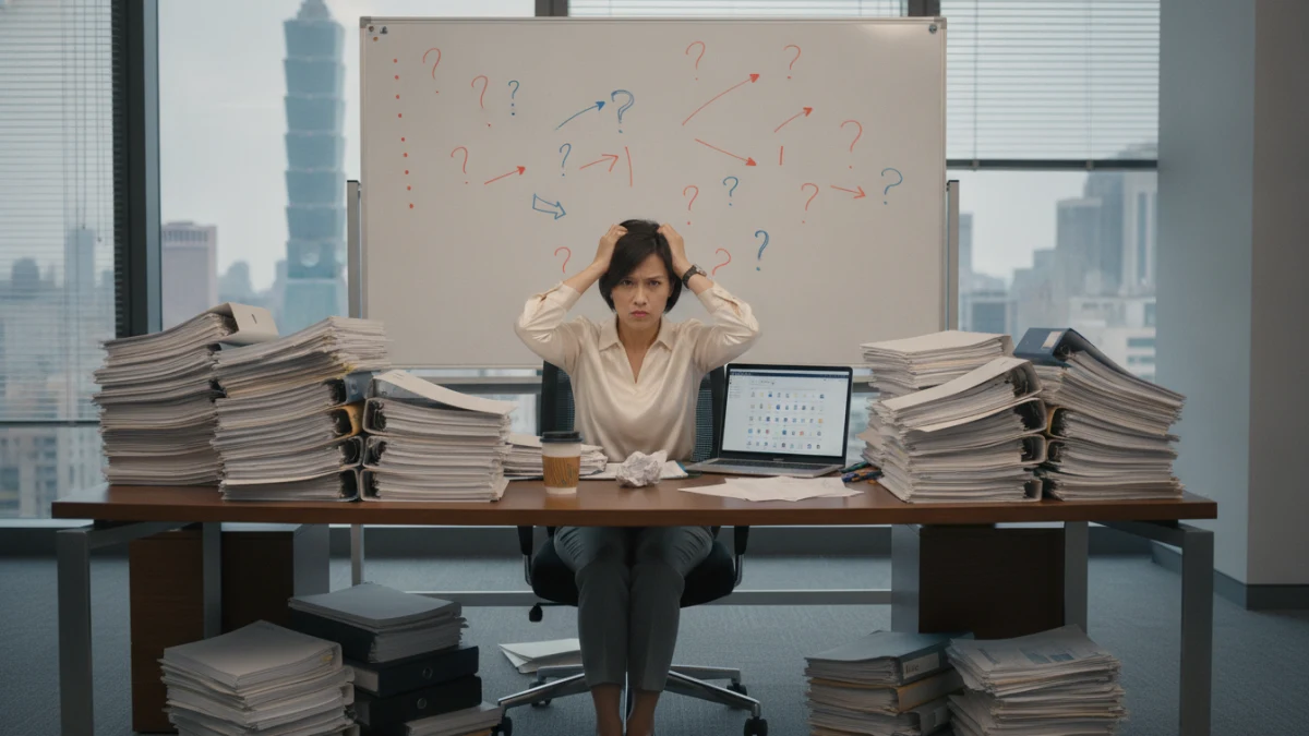 一名表情困惑的企業培訓負責人,面對堆積如山的文件、散亂的數位檔案和複雜的數據圖表,象徵傳統培訓管理的痛點。