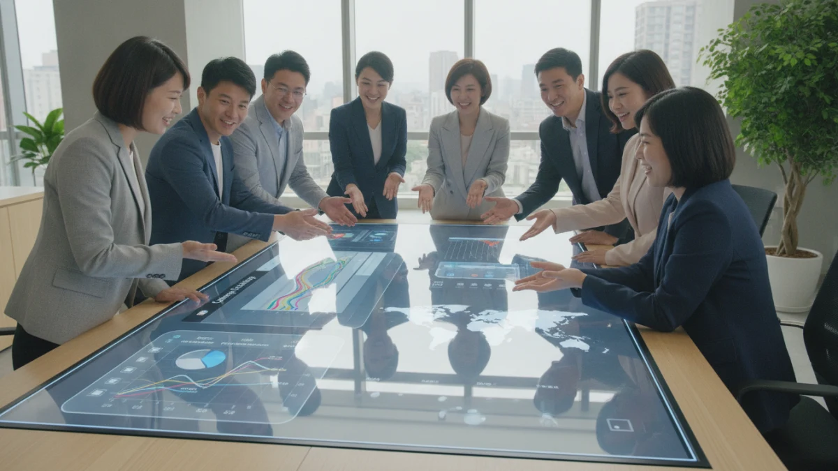 HOST888 團隊成員共同操作一個清晰、整合的 LMS 平台,介面展示課程管理、學員數據和互動工具,象徵專業的解決方案。